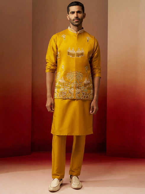 Men Mustard Silk 3-Piece Nehru Jacket Set